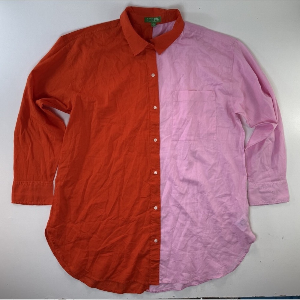 J Crew Colorblock Beach Shirt Womens Large Orange Pink Cotton Button Up